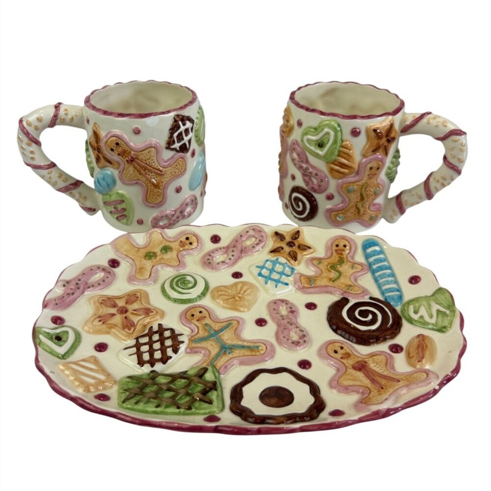 Vintage Hand Painted Ceramic Christmas Cookie Mug Plate Set 1990s